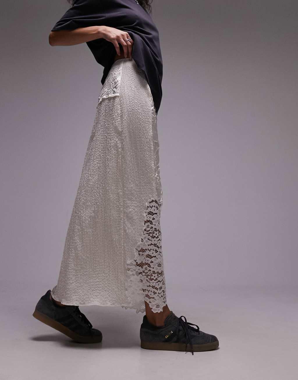 Topshop crinkle satin lace patchwork midi skirt in ivory  Product Image