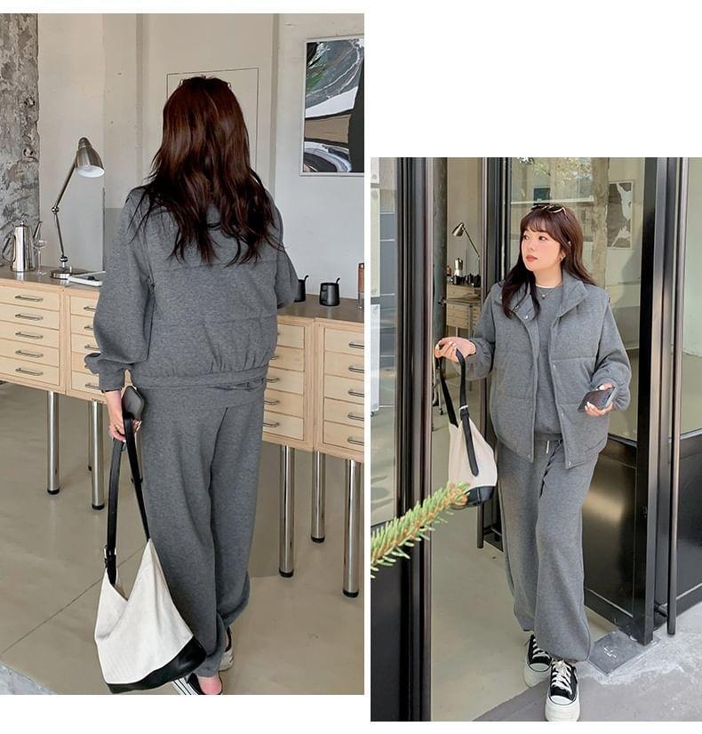 Plus Size Letter Embroidered Single-Breasted Vest / Round Neck Sweatshirt / Drawstring Waist Harem Pants / Set Product Image