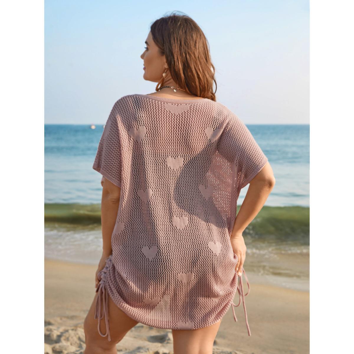 Plus Size Heart Pattern Drawstring Textured Sheer Swim Cover-Up Women's Swimwear Nudepink Beach Loose Texture Curve Swim Cover Ups BloomChic 18-20/2X Product Image