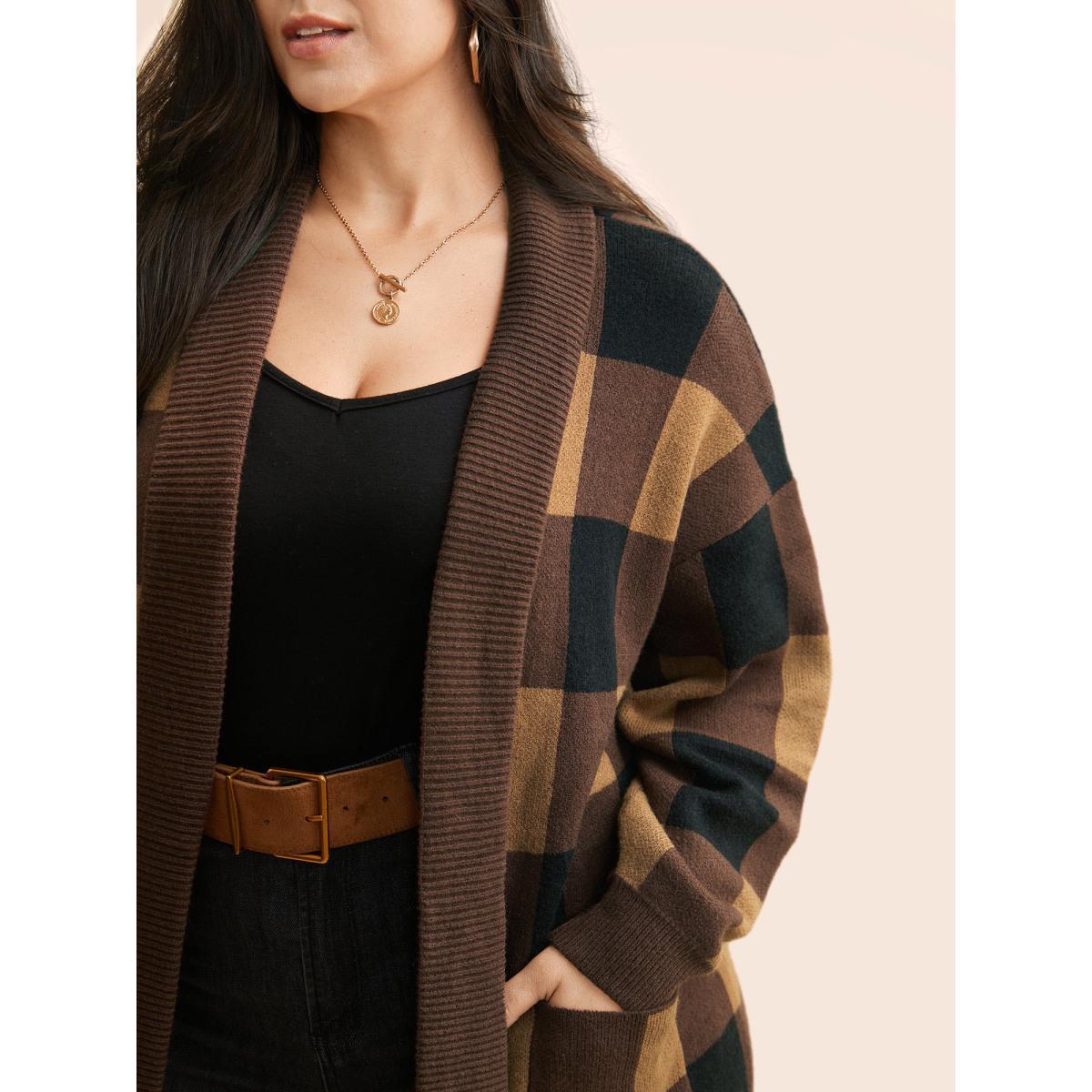 Plus Size Supersoft Essentials Plaid Kimono Collar Cardigan Browncoffeecolor Women Casual Loose Long Sleeve Everyday Cardigans BloomChic 30/6X Product Image