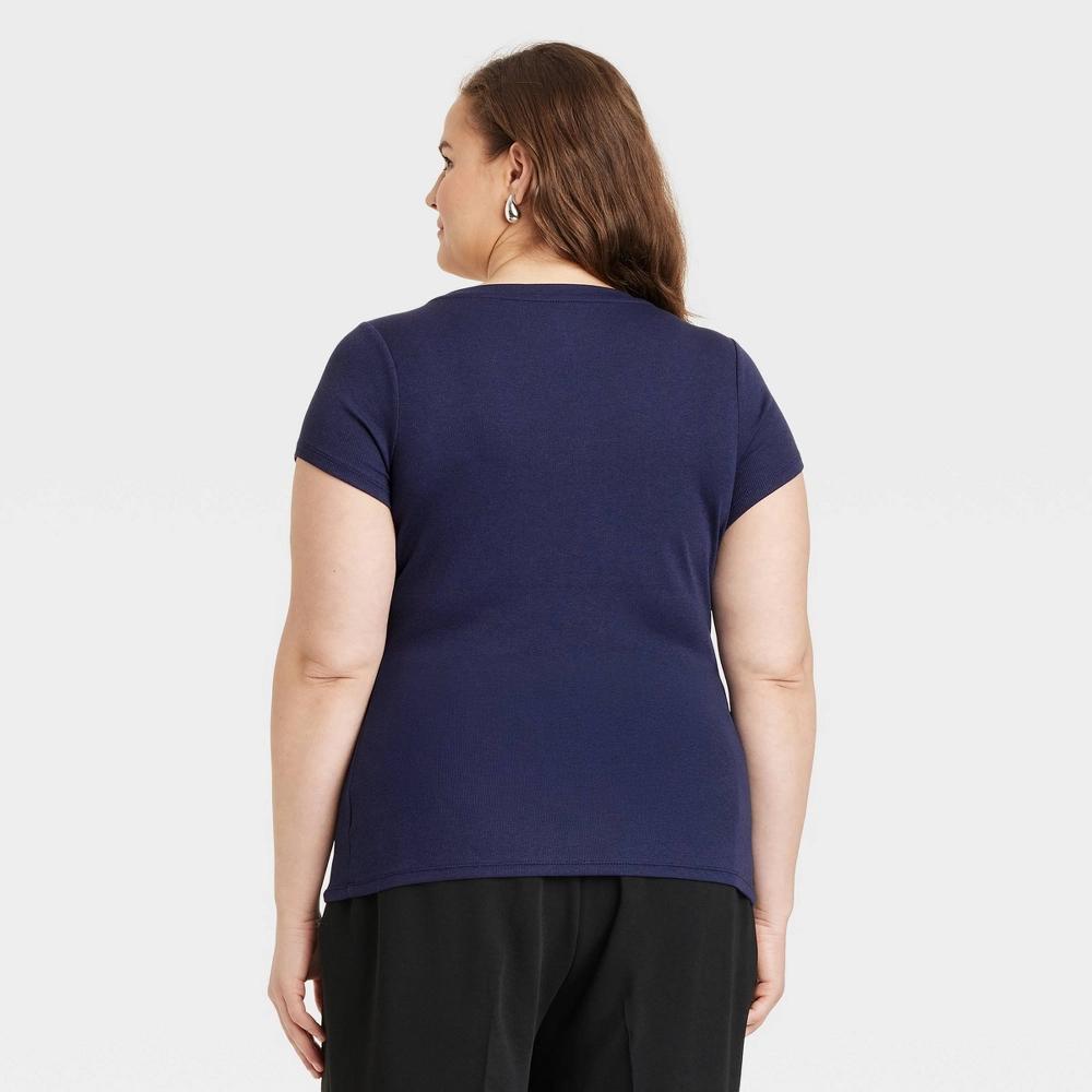 Women's Slim Fit Short Sleeve Ribbed Scoopneck T-Shirt - A New Day™ Navy XXL: Cotton Modal Blend, Pullover Product Image