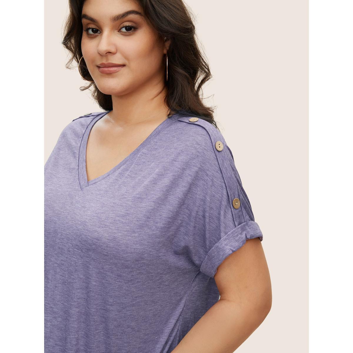 Plus Size Plain Button Detail Batwing Sleeve T-shirt Mauve Women Casual Plain V-neck Everyday T-shirts BloomChic 26/4X Product Image