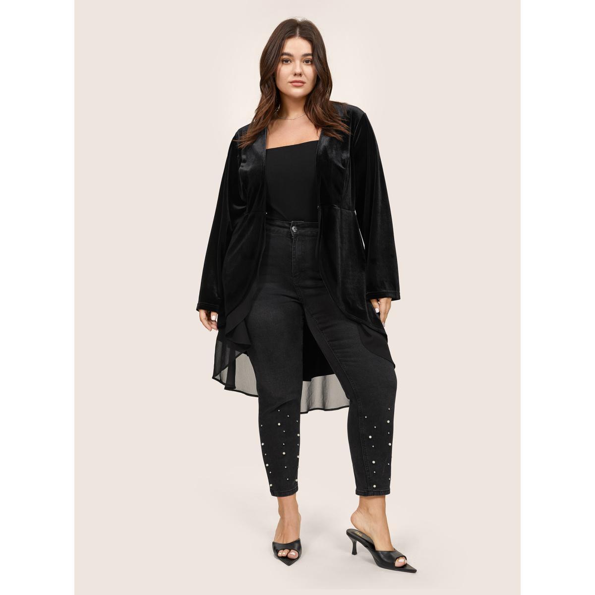 Plus Size Velvet Mesh Patchwork Asymmetrical Hem Coat Women Black Cocktail Velvet Ladies Party Winter Coats BloomChic 28/5X Product Image