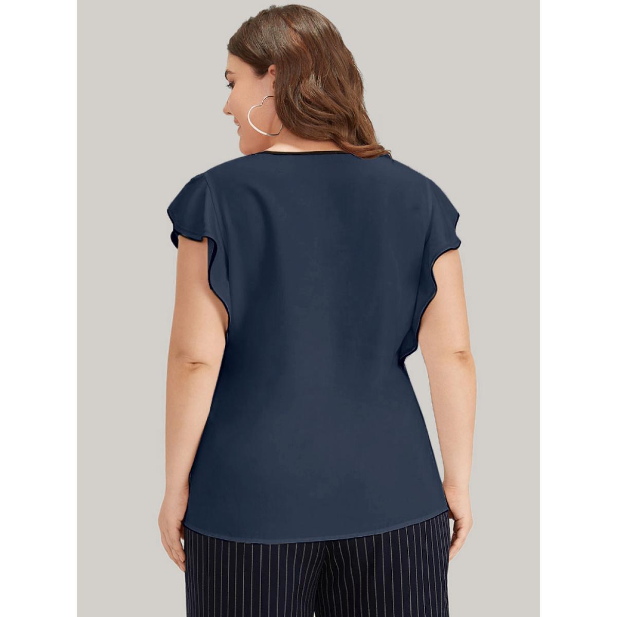 Plus Size Indigo Contrast Keyhole Ruffle Trim Cap Sleeve Blouse Women Office Cap Sleeve Keyhole Cut-Out Work Blouses BloomChic 22-24/3X Product Image