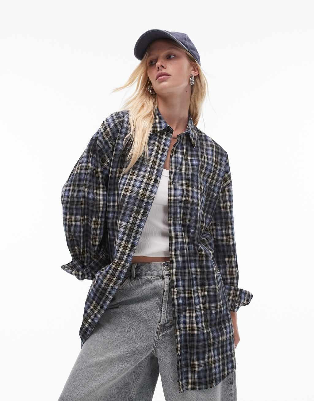Topshop oversized shirt in blue check Product Image