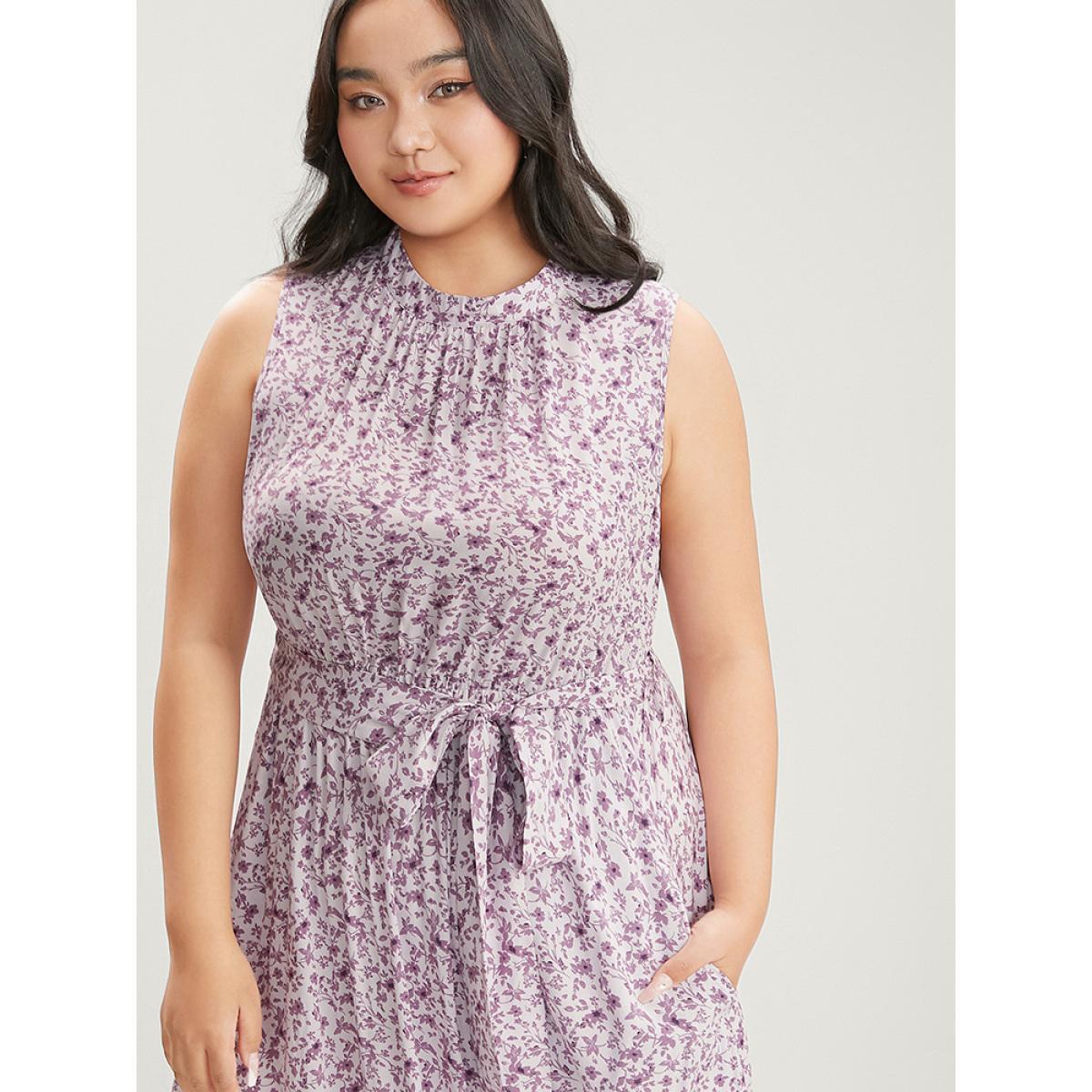 Plus Size Ditsy Floral Keyhole Pocket Belted Mock Neck Ruffles Dress Lavender Women Elegant Pocket Mock Neck Sleeveless Curvy Midi Dress BloomChic 12/L Product Image