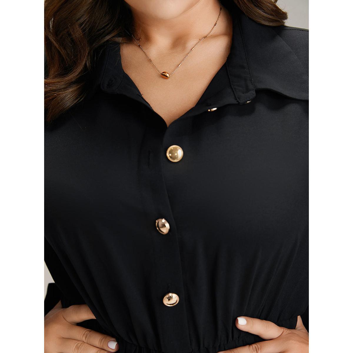 Plus Size Solid Shirt Collar Pleated Metal Detail Dress Black Women Office Plain Shirt collar Long Sleeve Curvy Midi Dress BloomChic 12/L Product Image