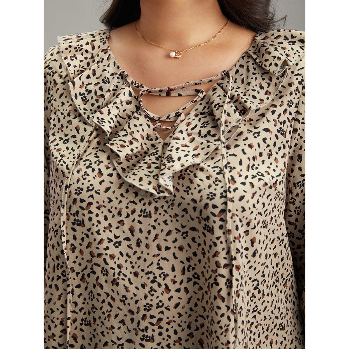 Plus Size Apricot Leopard Print Ties Flutter Trim Blouse Women Office Long Sleeve V-neck Work Blouses BloomChic 12/L Product Image