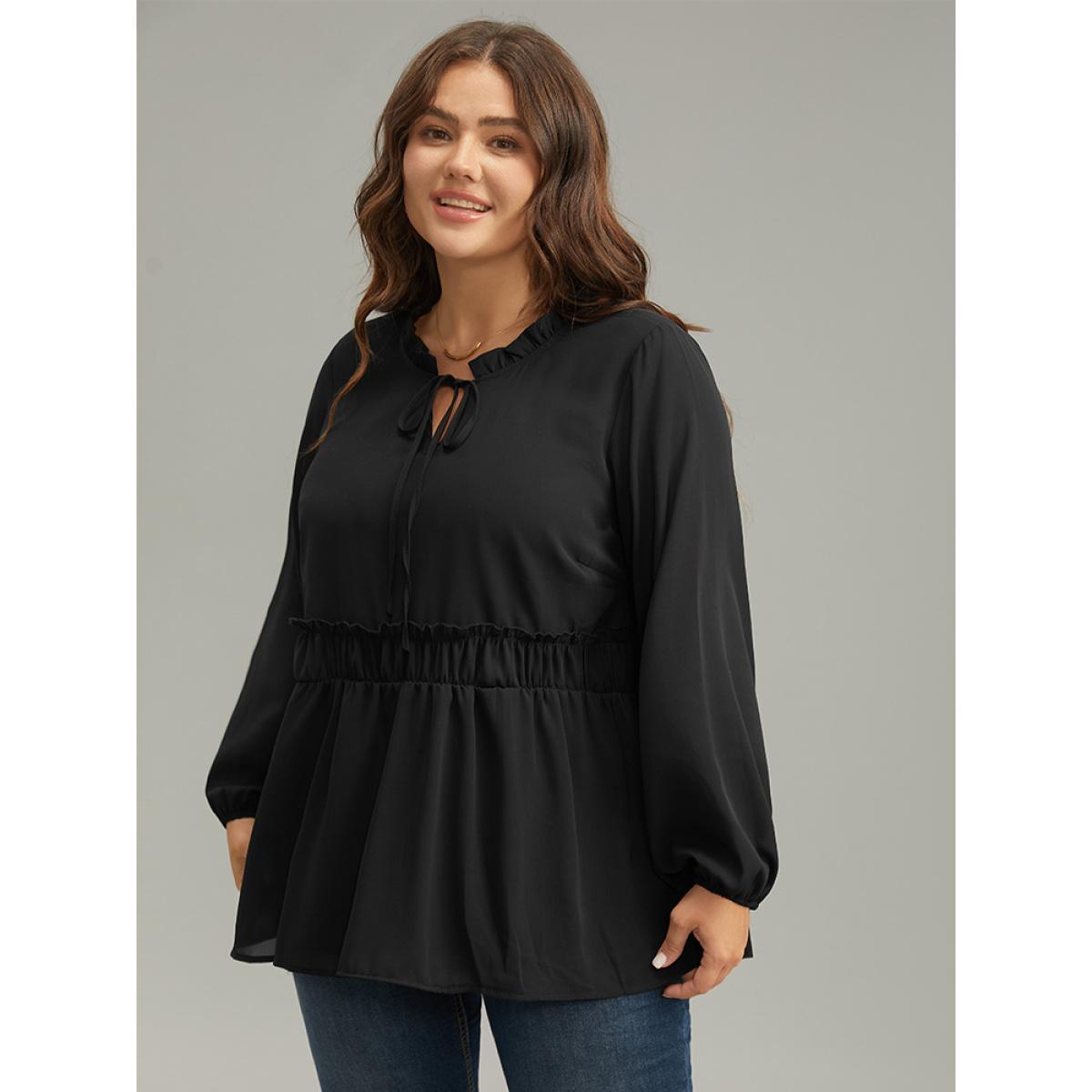 Plus Size Black Anti-Wrinkle Plain Shirred Frill Trim Gathered Tie Neck Blouse Women Casual Long Sleeve Tie Neck Everyday Blouses BloomChic 22-24/3X Product Image