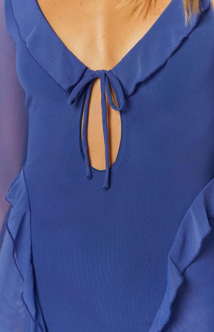 Surround Sound Blue Mesh Long Sleeve Mini Dress Product Image