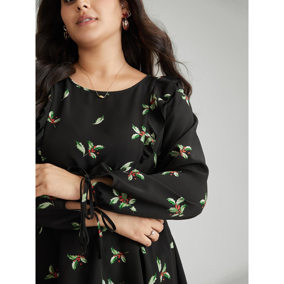 Plus Size Black Christmas Ruffles Elastic Waist Ties Lantern Sleeve Blouse Women Elegant Long Sleeve Round Neck Festival-Christmas Blouses BloomChic 14-16/1X Product Image