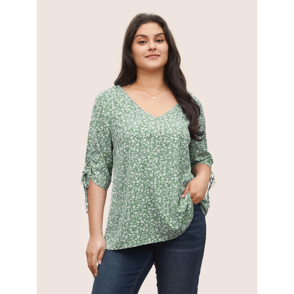 Plus Size Mint Ditsy Floral Knot Ties Sleeve Blouse Women Elegant Elbow-length sleeve V-neck Everyday Blouses BloomChic 14-16/1X Product Image
