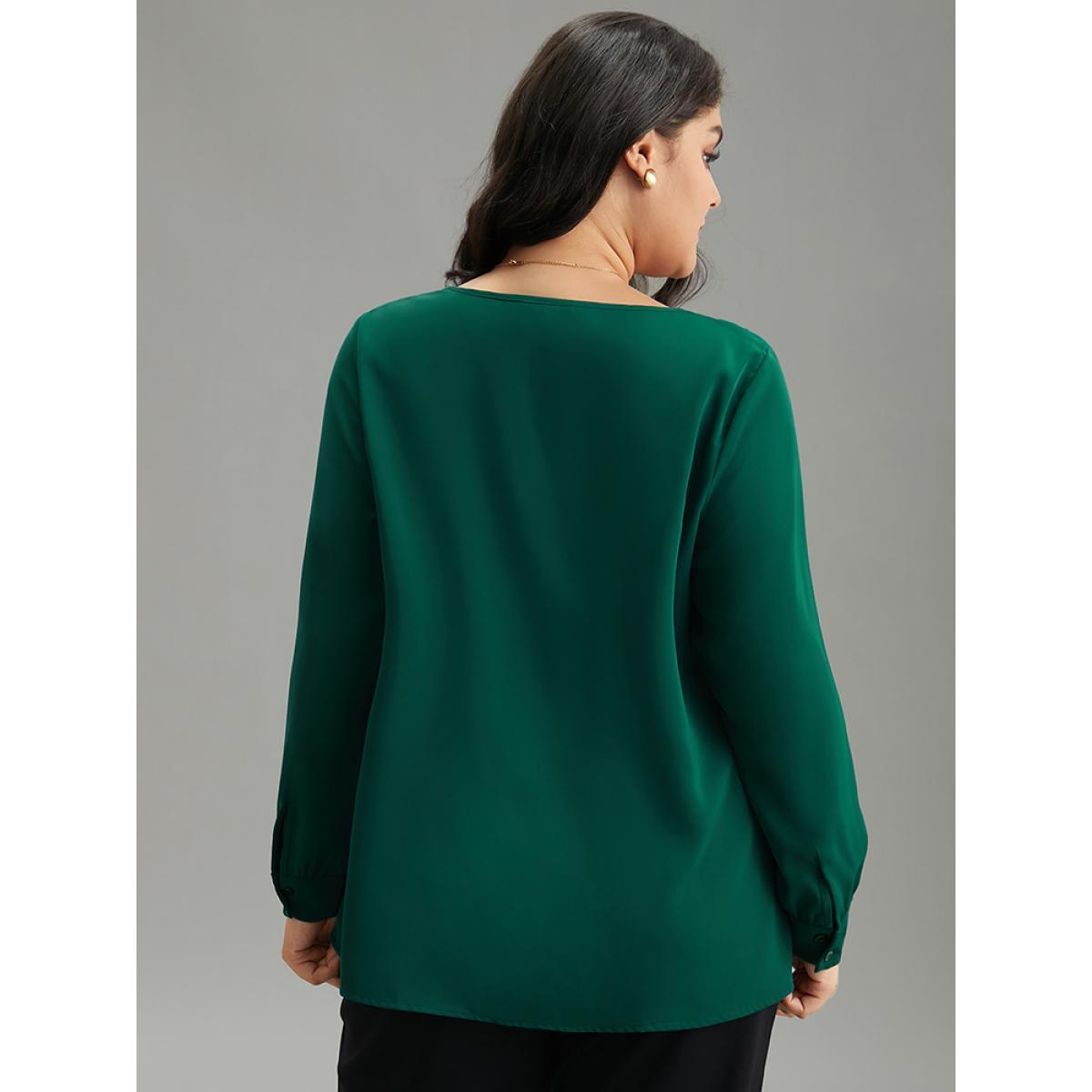 Plus Size DarkGreen Static-Free Button Detail Pleated Blouse Women Office Long Sleeve V-neck Work Blouses BloomChic 30/6X Product Image