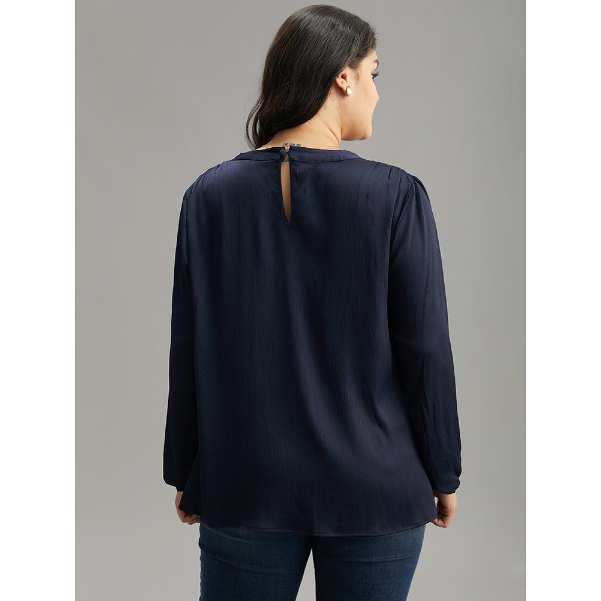 Plus Size Indigo Static-Free Plain Gathered Blouse Women Office Long Sleeve Round Neck Work Blouses BloomChic 22-24/3X Product Image