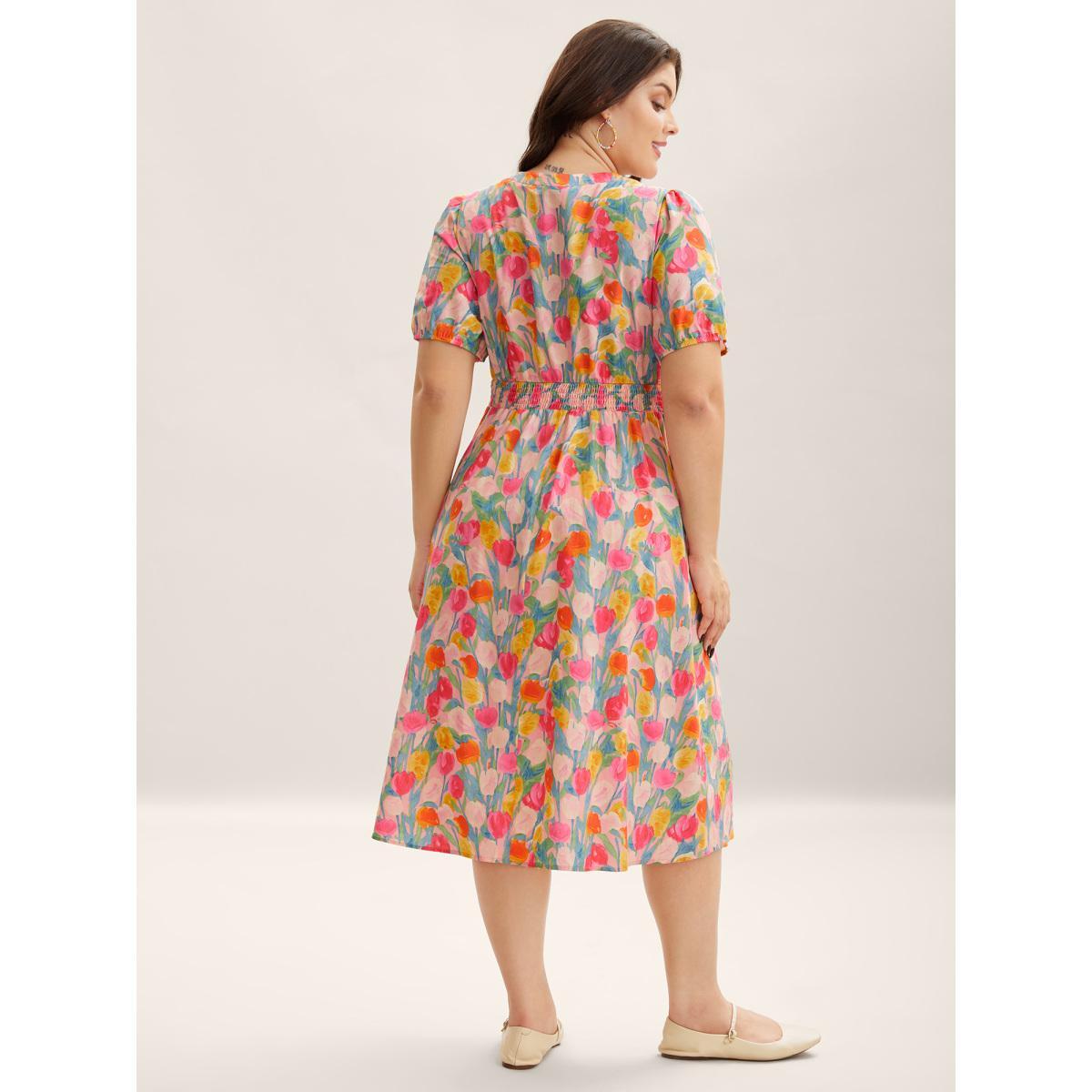 Plus Size Cotton Rosy Garden Shirred Waist Pockets Midi Dress Blush Women Notched collar Short sleeve Curvy BloomChic 30/6X Product Image
