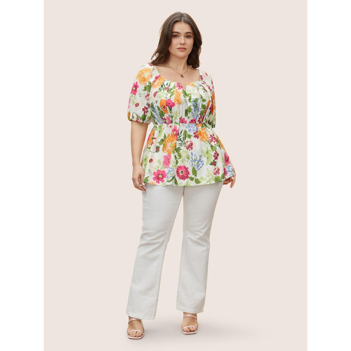 Plus Size Multicolor Floral Notched Collar Lantern Sleeve Blouse Women Elegant Half Sleeve Notched collar Everyday Blouses BloomChic 28/5X Product Image
