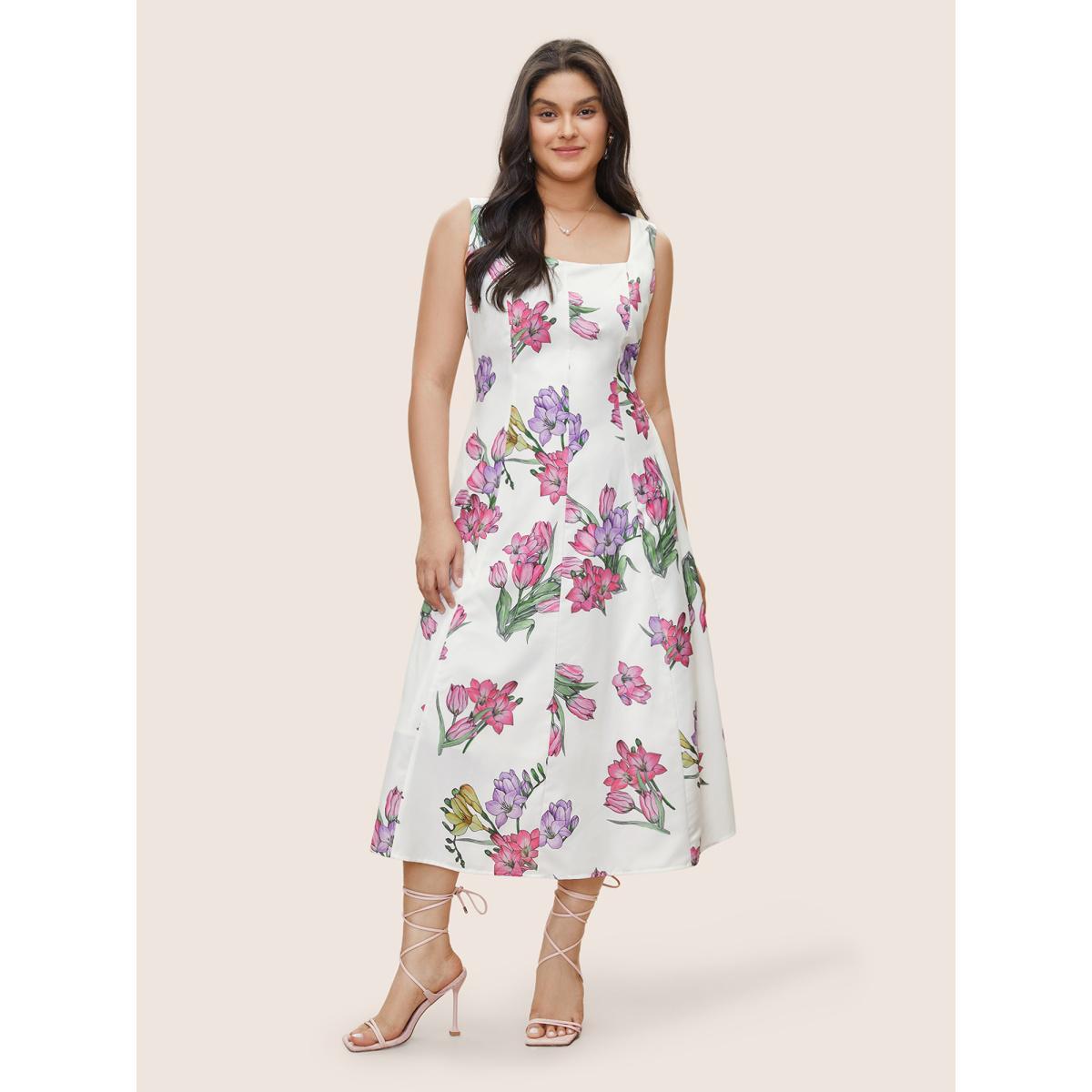 Plus Size Floral Print Patchwork Pocket Spaghetti Strap Dress White Women Elegant Printed Spaghetti Strap Sleeveless Curvy Midi Dress BloomChic 28/5X Product Image