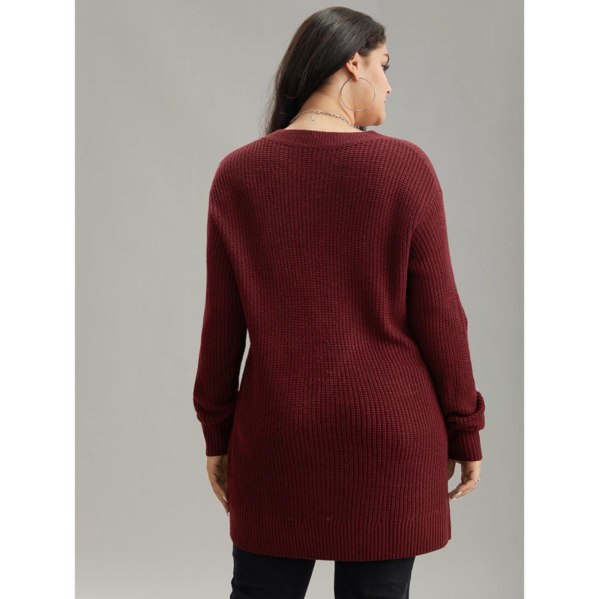 Plus Size Plants Embroidered Plisse Elastic Cuffs Pullover Scarlet Women Casual Loose Long Sleeve V-neck Everyday Pullovers BloomChic 18-20/2X Product Image