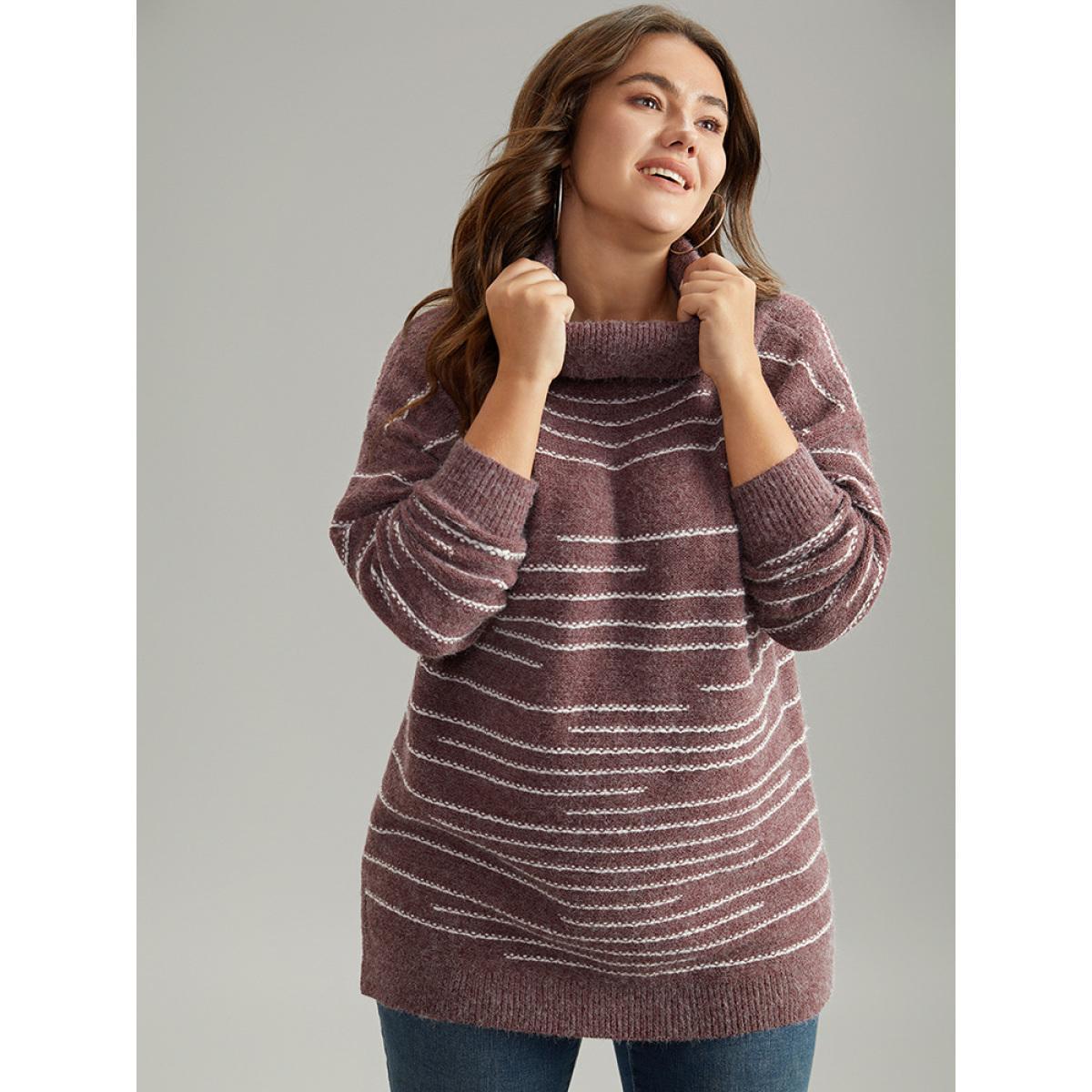Plus Size Striped Heather Turtleneck Split Hem Pullover Burgundy Women Casual Loose Long Sleeve Turtleneck Everyday Pullovers BloomChic 10/M Product Image