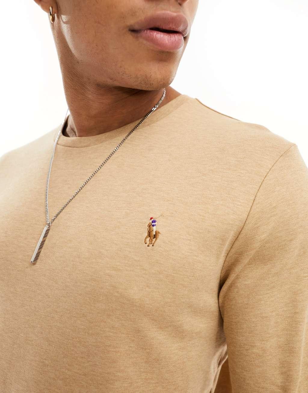Polo Ralph Lauren multi icon logo pima cotton long sleeve top custom fit in camel heather Product Image