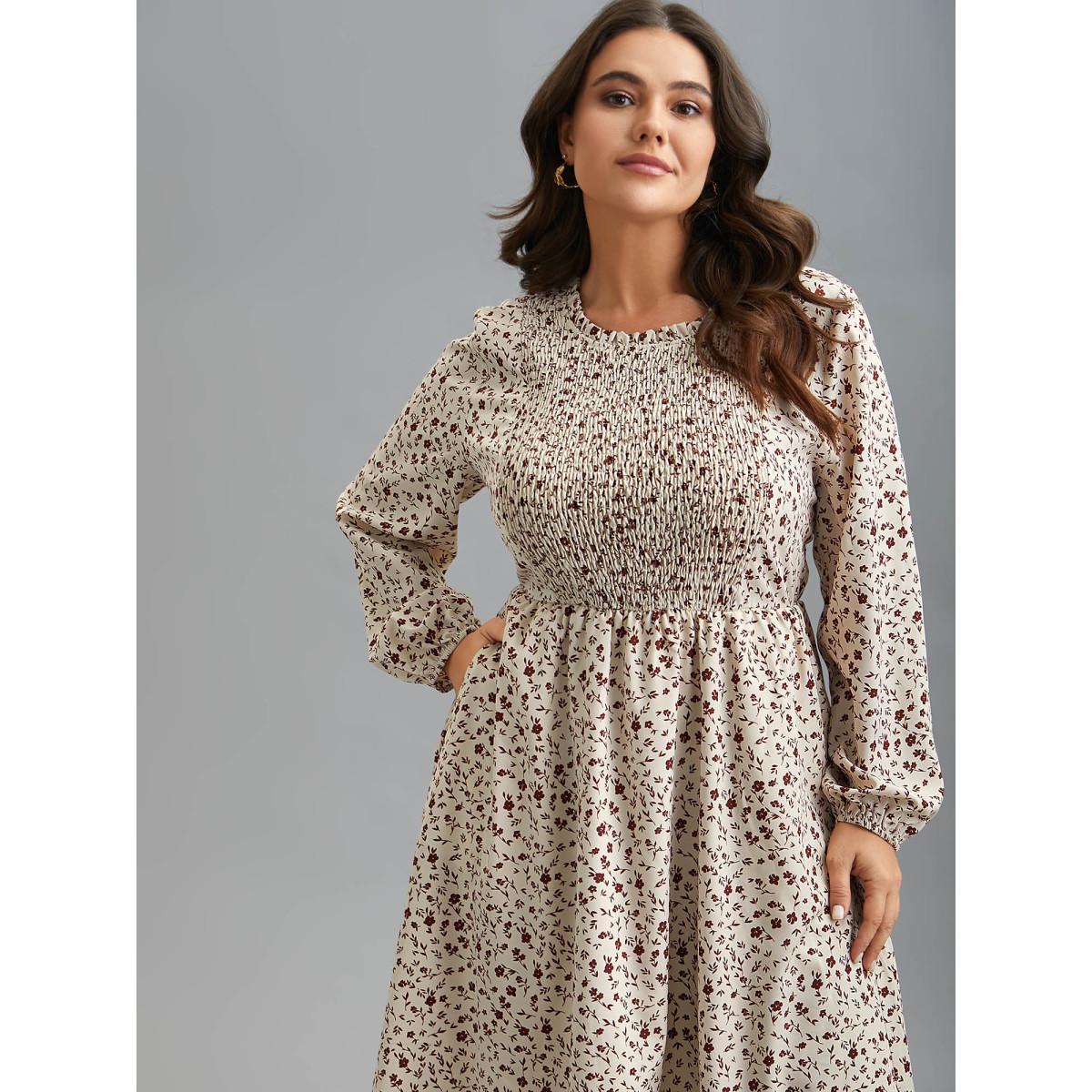 Plus Size Stretchy-Waist Printed Pockets Midi Dress Apricot Women Elegant Frill Trim Round Neck Long Sleeve Curvy BloomChic 14-16/1X Product Image