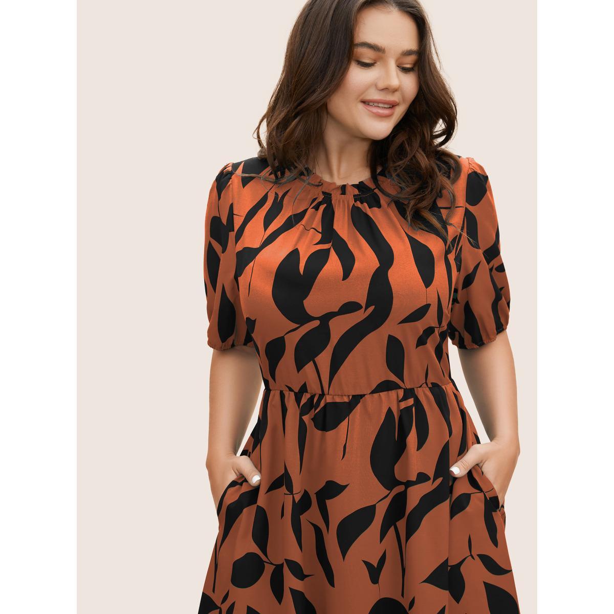 Plus Size Silhouette Floral Print Mock Neck Midi Dress Coral Women Elegant Gathered Mock Neck Short sleeve Curvy BloomChic 12/L Product Image
