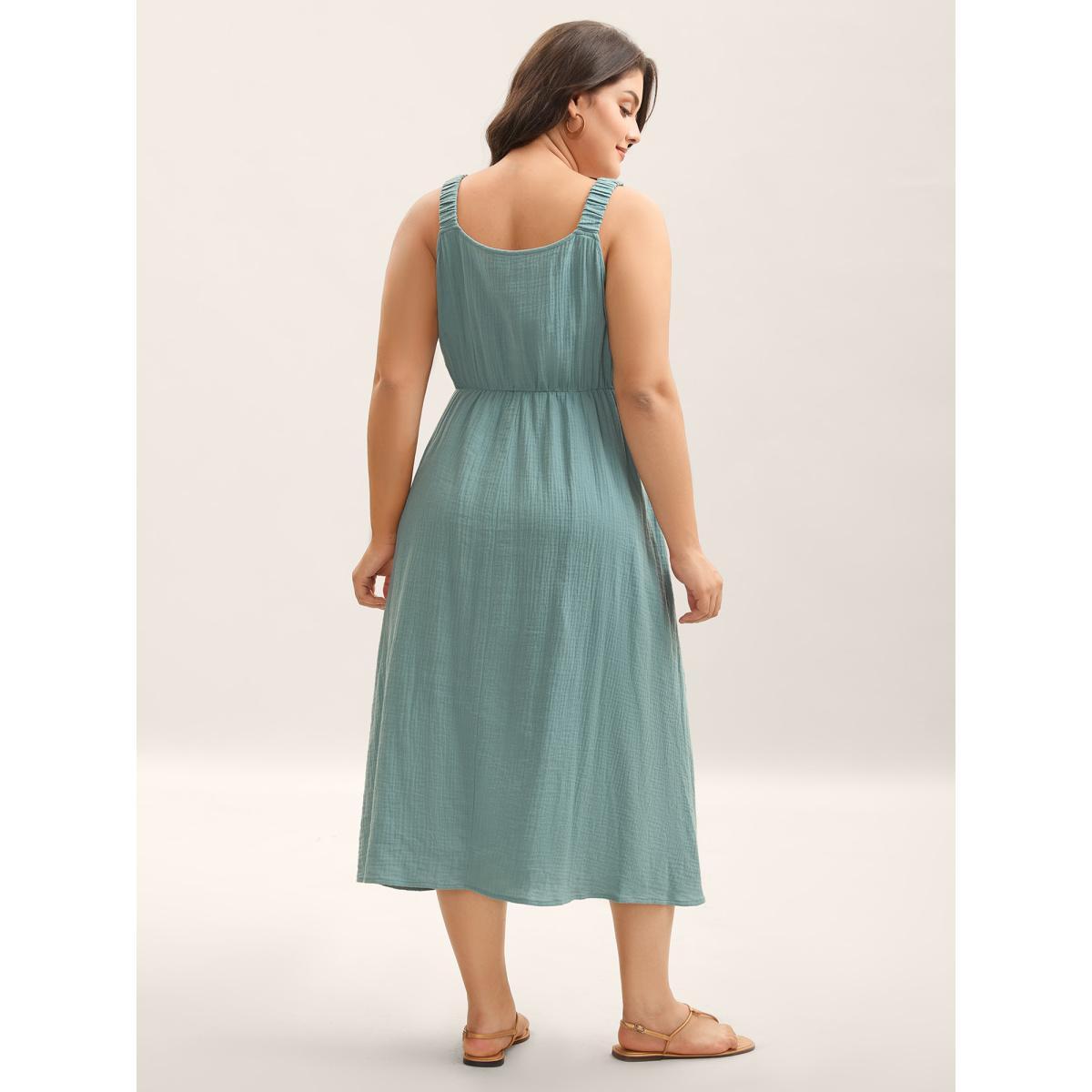 Plus Size Cotton Textured Cinched-Waist A-Line Midi Dress Teal Women V-neck Sleeveless Curvy BloomChic 12/L Product Image