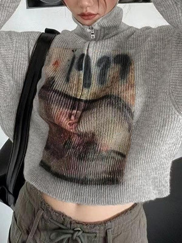 Vintage Print High Neck Zip Up Sweater Product Image