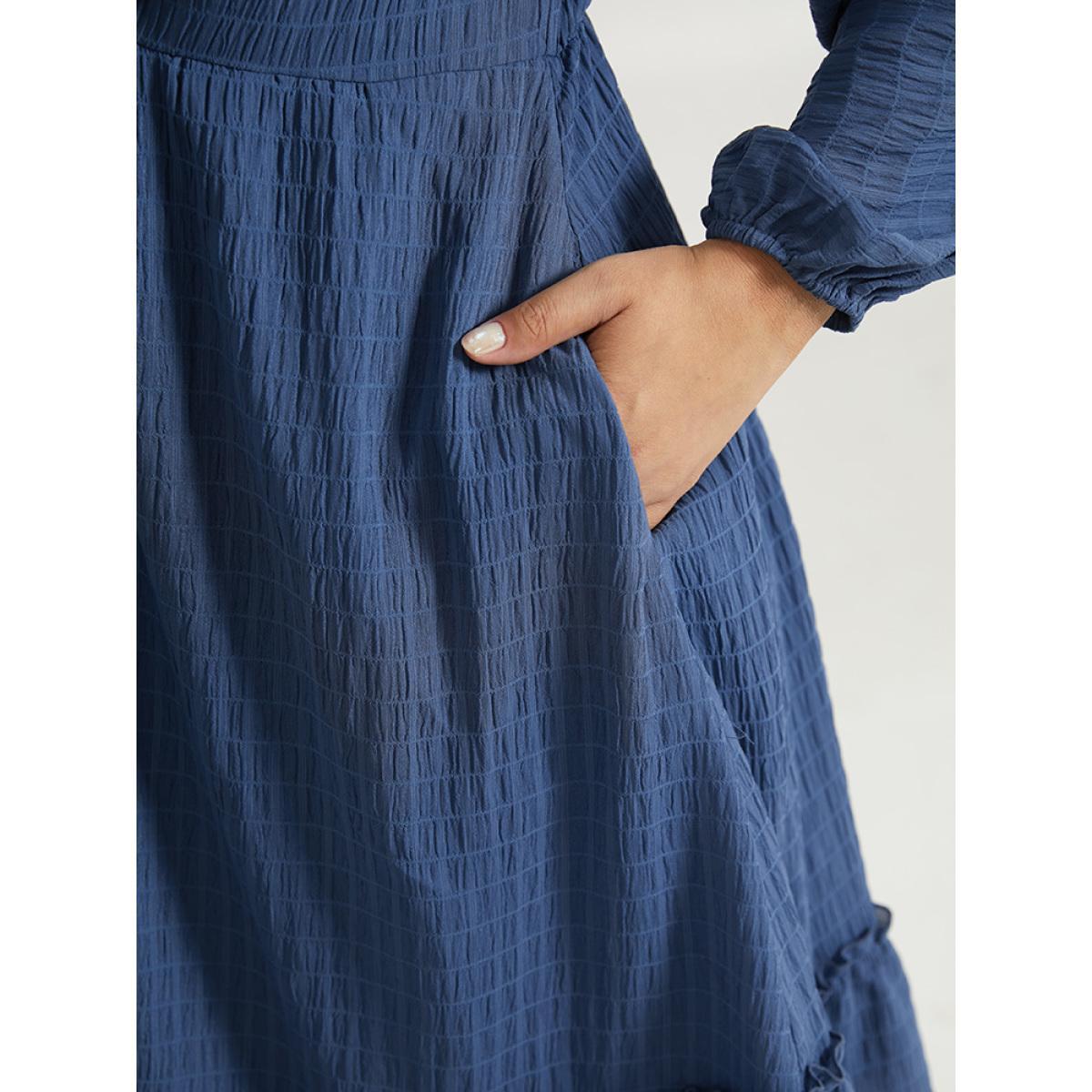 Plus Size Solid Plisse Ties Frill Trim Ruched Dress Cerulean Women Elegant Elastic cuffs Tie Neck Long Sleeve Curvy Midi Dress BloomChic 30/6X Product Image