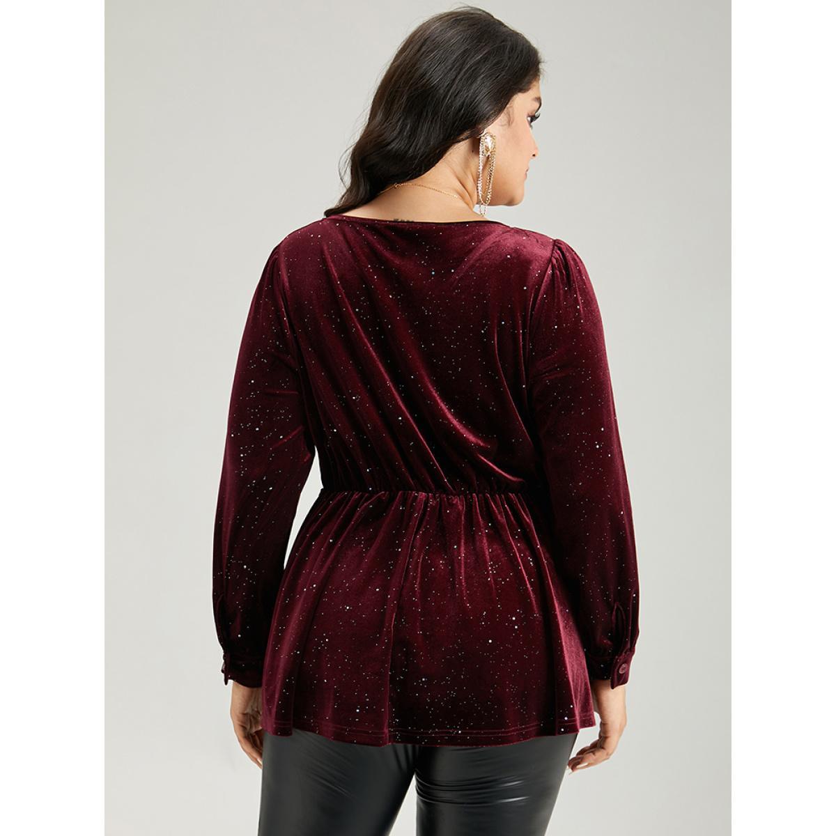 Plus Size Scarlet Glitter Sequin Velvet Twist Front V Neck Blouse Women Cocktail Long Sleeve V-neck Party Blouses BloomChic 12/L Product Image
