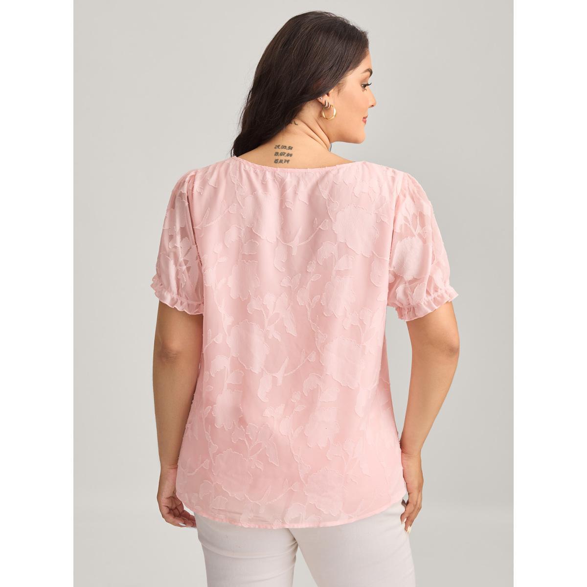 Plus Size MistyRose Floral Textured Button Detail Blouse Women Elbow-length sleeve Square Neck Everyday-Elegant Blouses BloomChic 10/M Product Image
