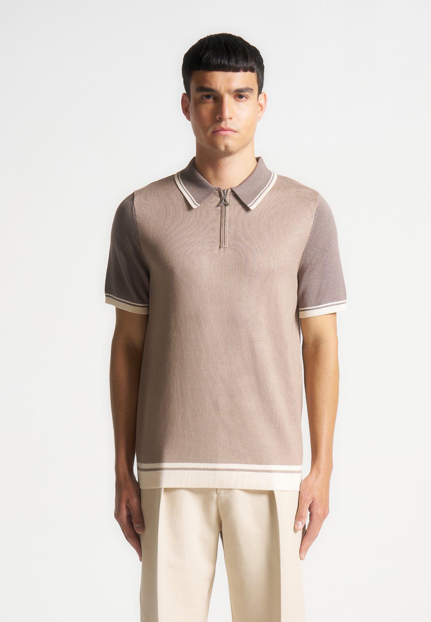 Colour Block Zip Polo Shirt - Taupe Male Product Image