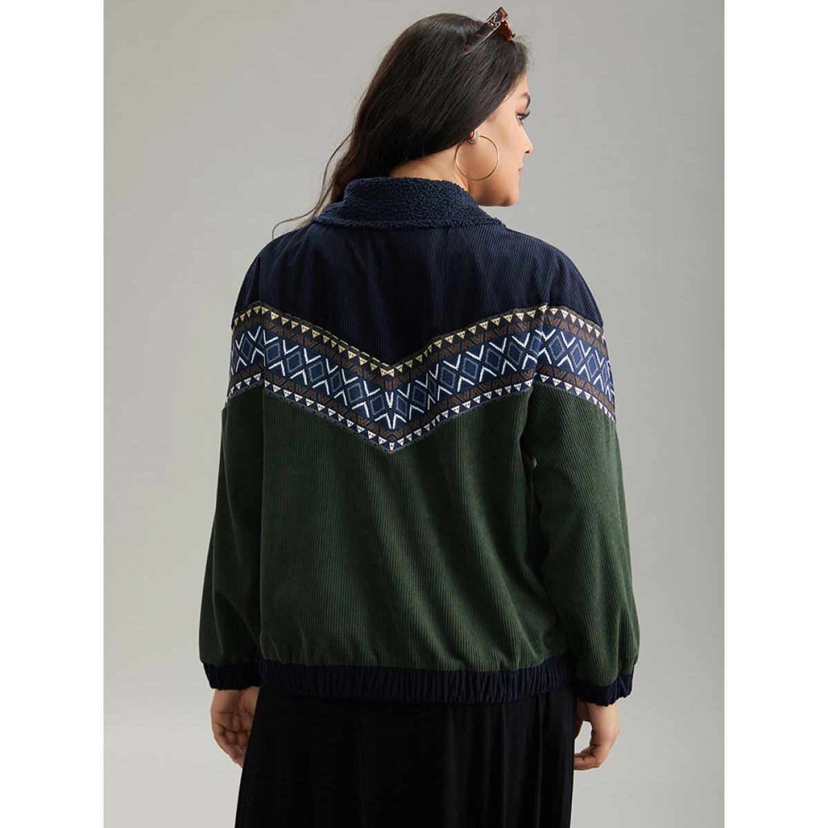 Plus Size Lapel Collar Geometric Patchwork Jacket Women ArmyGreen Elastic cuffs Dailywear Jackets BloomChic 22-24/3X Product Image