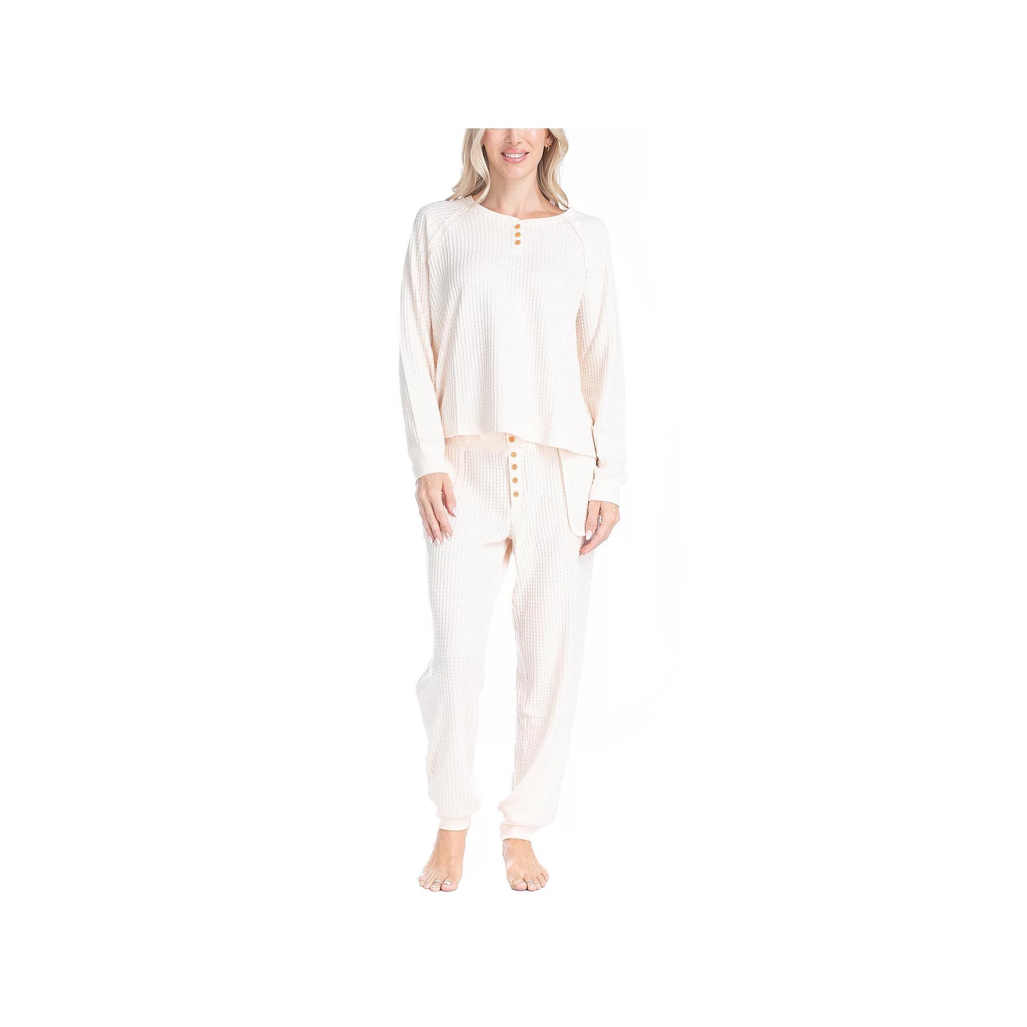 Women's Ocean Pacific® Waffle Knit Pajama Top & Pajama Bottoms Set, Size: Medium, Beige Product Image