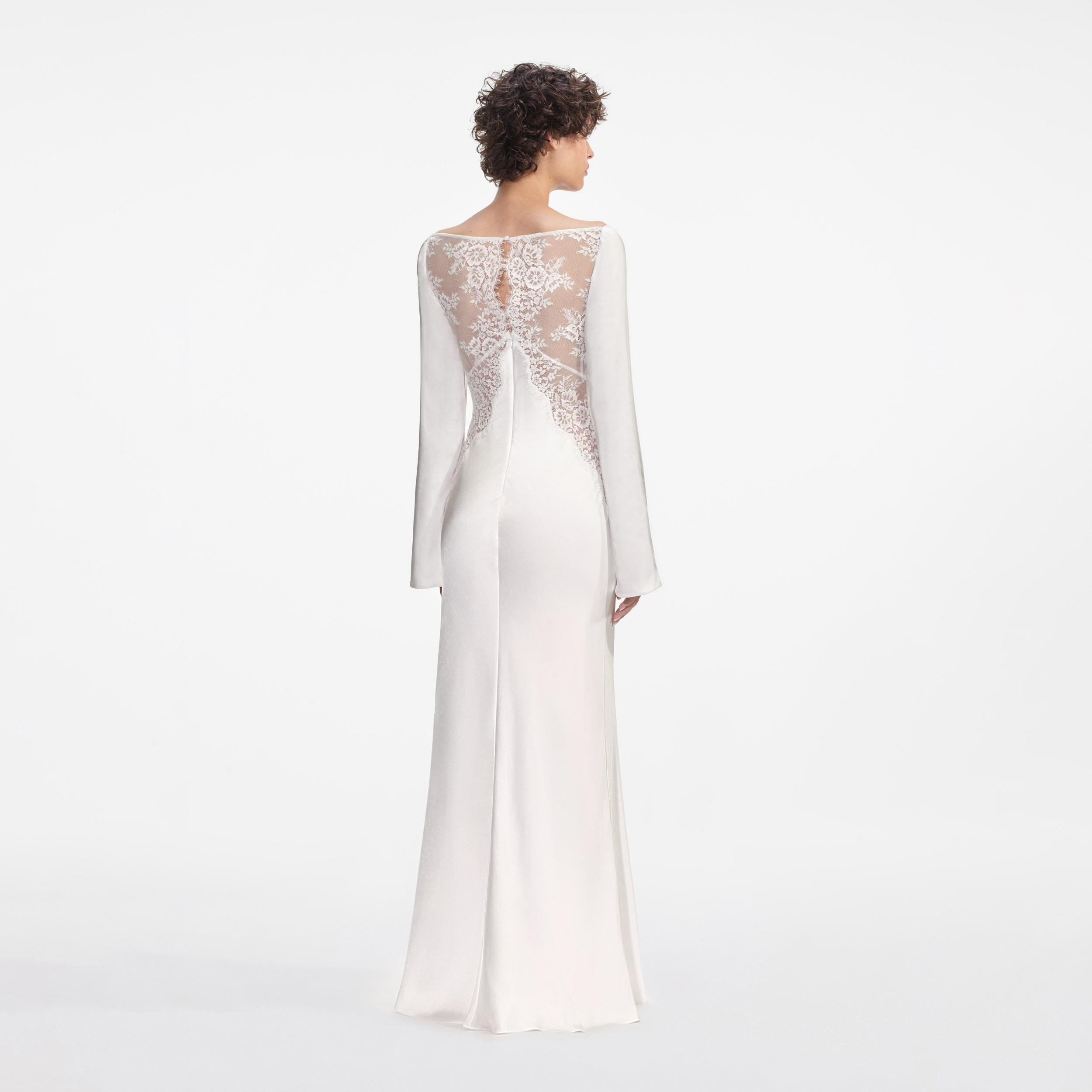 White Lace Satin Long Sleeve Maxi Dress Product Image