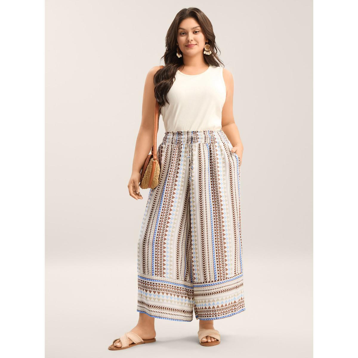Plus Size Boho Stripes Wide-Leg Pants Women LightBrown Resort Wide Leg Mid Rise Vacation Pants BloomChic 12/L Product Image
