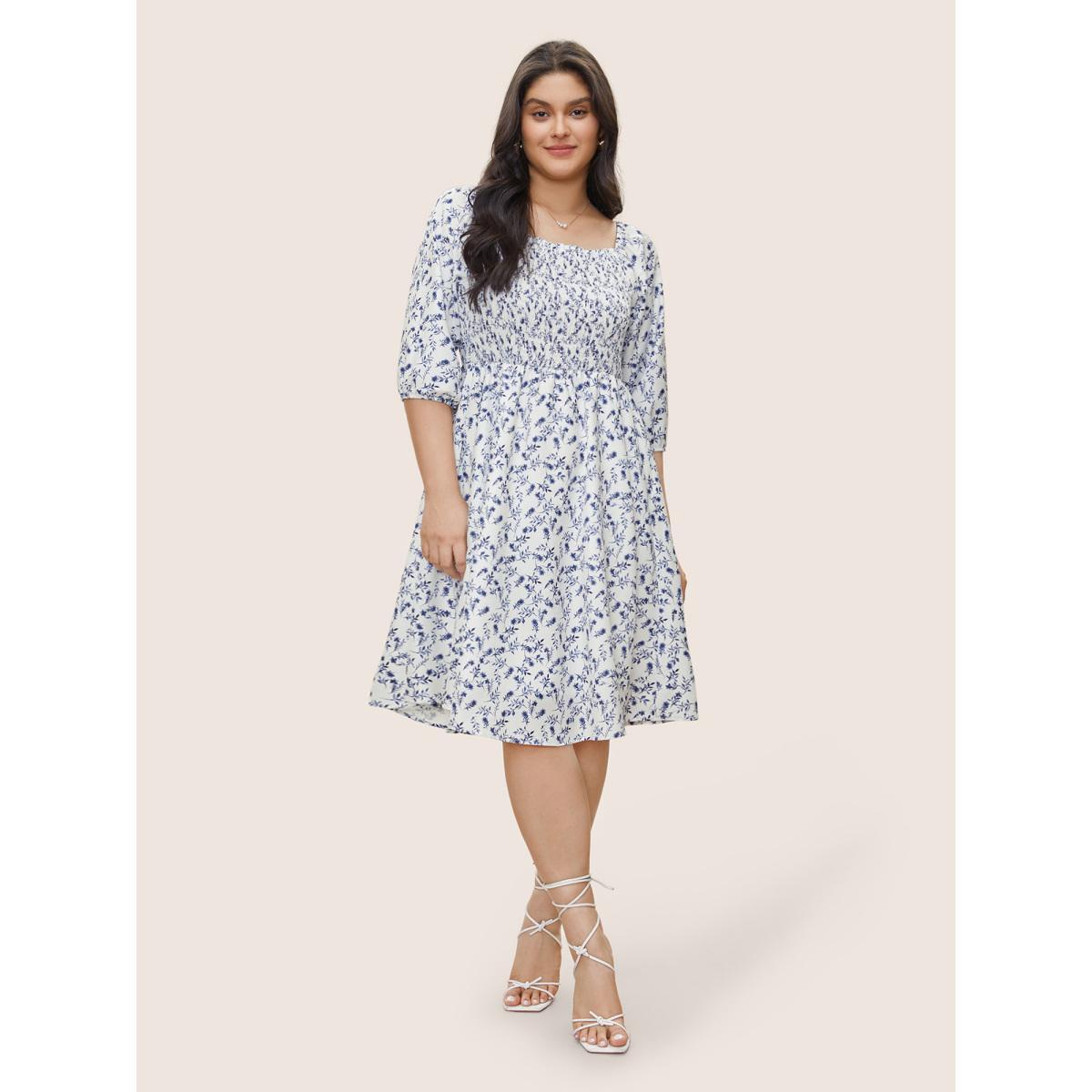 Plus Size Ditsy Floral Square Neck Shirred Lantern Sleeve Dress White Women Elegant Non Square Neck Elbow-length sleeve Curvy Midi Dress BloomChic 14-16/1X Product Image
