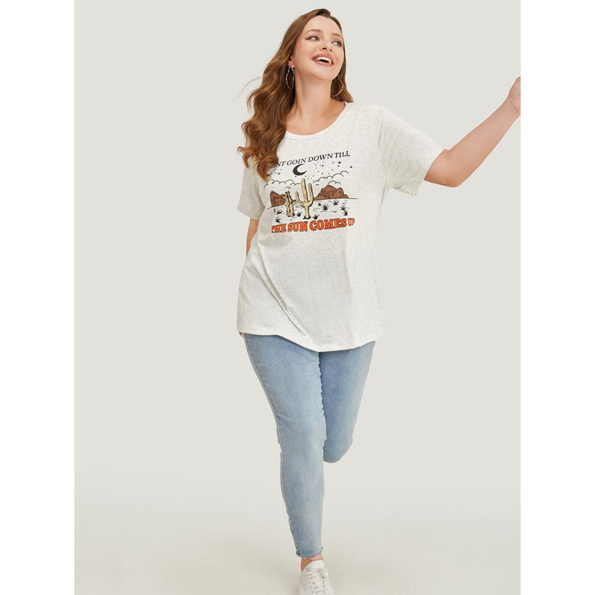 Plus Size Cactus & Letter Print Short Sleeve Graphic Tee LightGray Women Casual Western Dailywear T-shirts BloomChic 18-20/2X Product Image