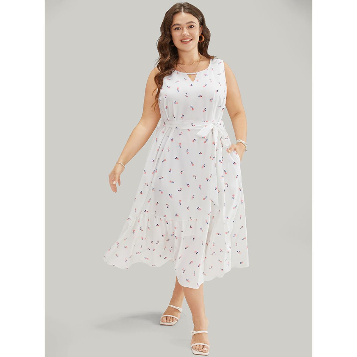 Plus Size Ditsy Floral Pocket Belted Keyhole Neck Flutter Tank Dress White Women Elegant Belted Keyhole Cut-Out Sleeveless Curvy Midi Dress BloomChic 30/6X Product Image