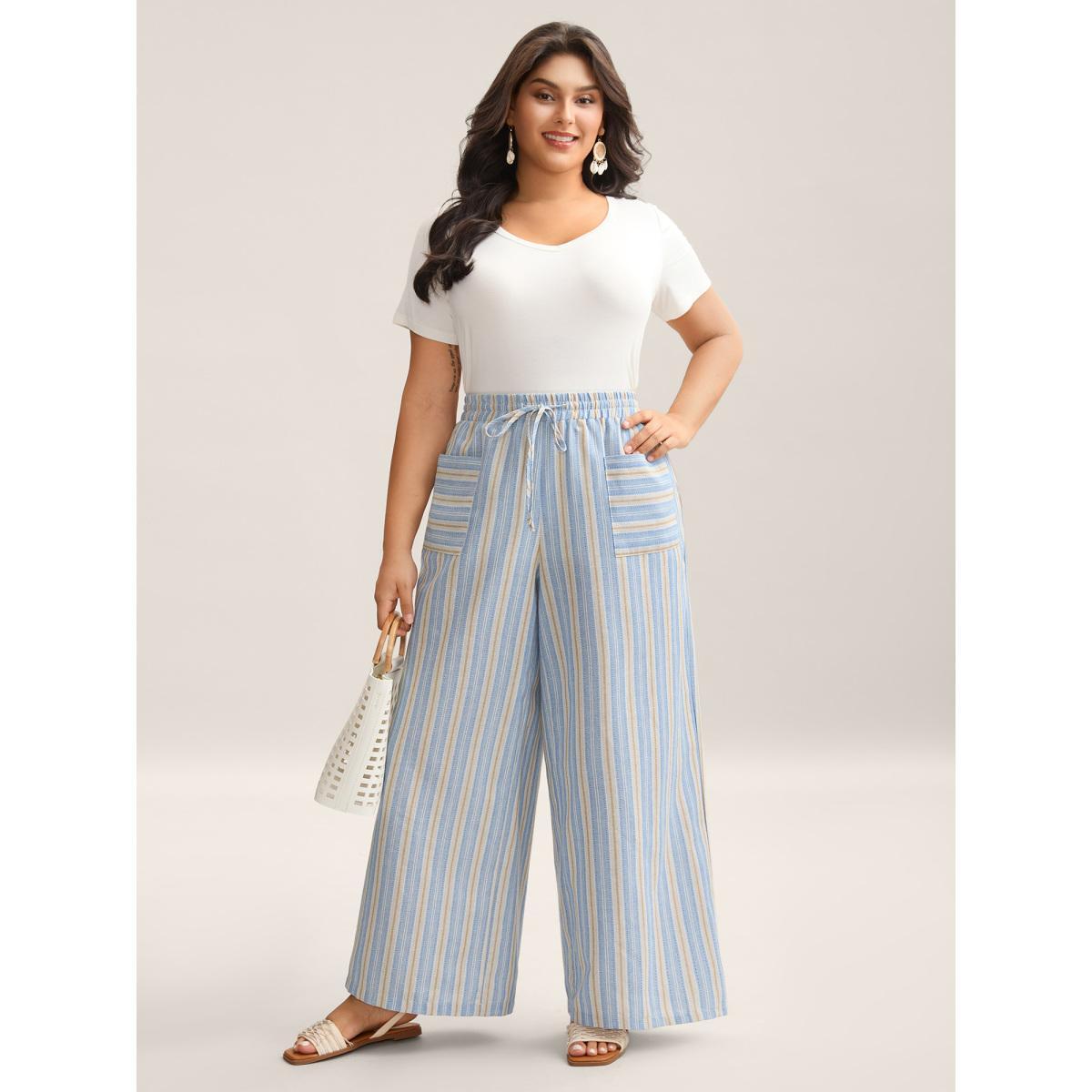 Plus Size Stripes Pockets Wide-Leg Pants Women LightBlue Resort Wide Leg Mid Rise Vacation Pants BloomChic 12/L Product Image