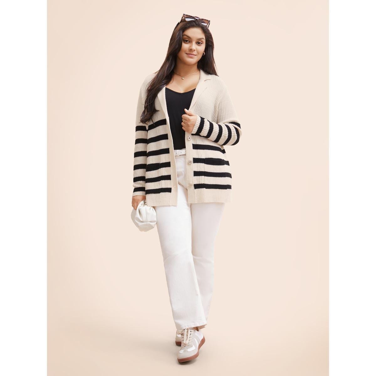 Plus Size Texture Striped Patch Pocket Cardigan Apricot Women Workwear Essentials Loose Long Sleeve Work Cardigans BloomChic 10/M Product Image