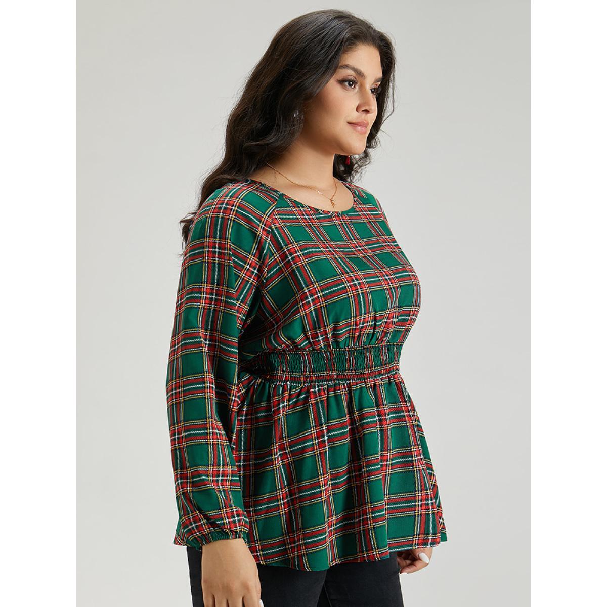 Plus Size Green Christmas Plaid Shirred Ruffle Hem Blouse Women Elegant Long Sleeve Round Neck Festival-Christmas Blouses BloomChic 14-16/1X Product Image