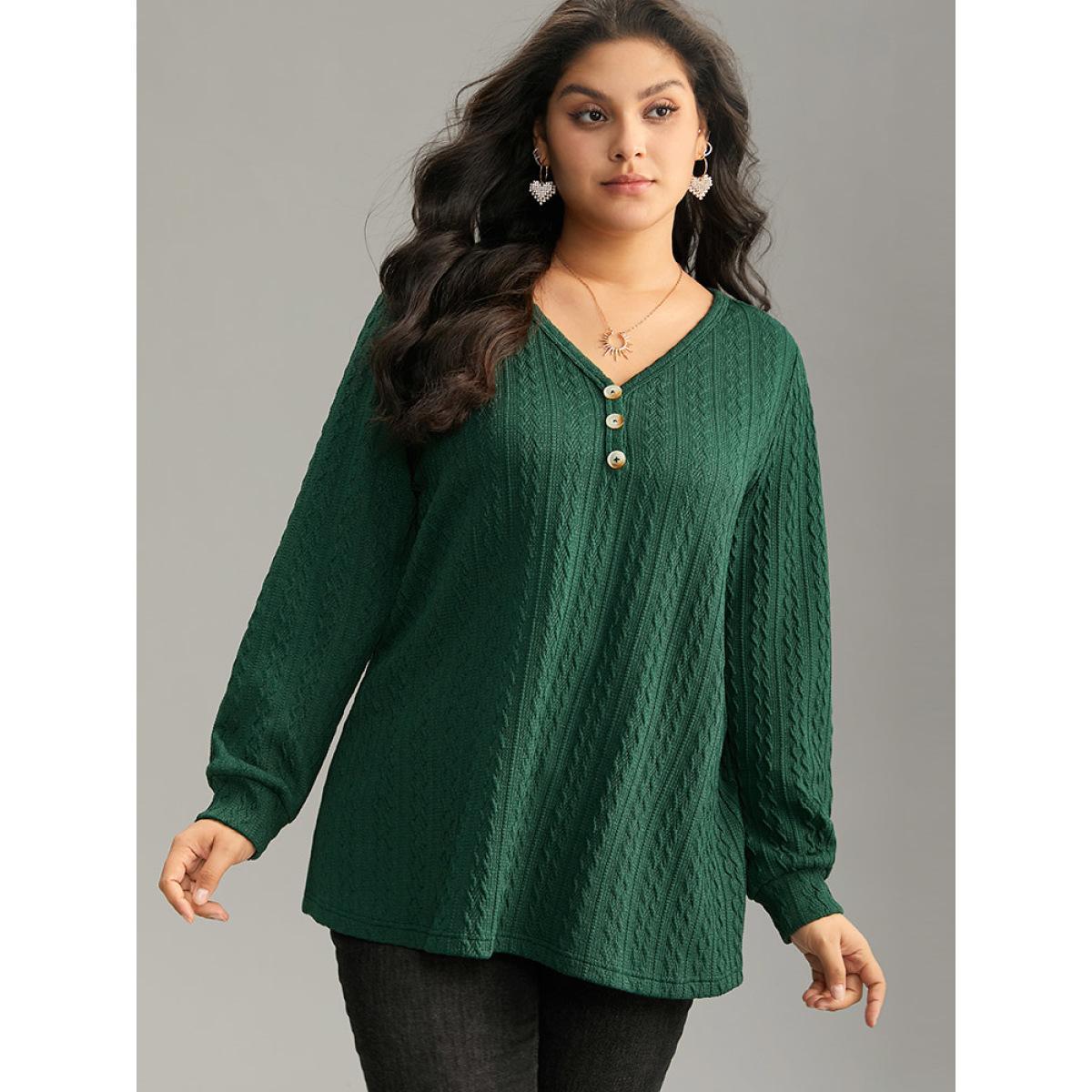 Plus Size Textured Plain Button Up V Neck Sweatshirt Women Green Casual Texture V-neck Dailywear Sweatshirts BloomChic 26/4X Product Image