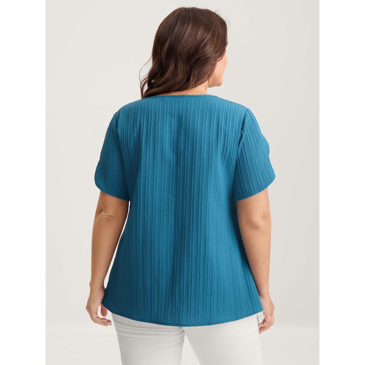 Plus Size Cerulean Textured Petal Sleeve Asymmetrical Neck Blouse Women Short sleeve Non Work Blouses BloomChic 26/4X Product Image