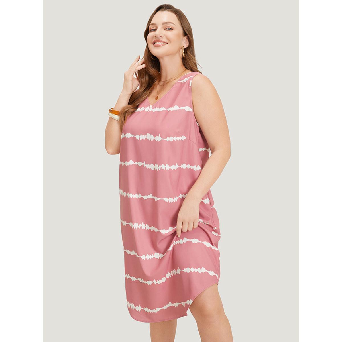 Plus Size Tie Dye Striped Pocket V Neck Arc Hem Tank Dress Watermelon Women Vacation V-neck Sleeveless Curvy Midi Dress BloomChic 30/6X Product Image