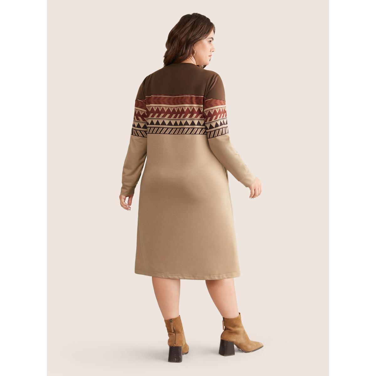 Plus Size Geometric Colorblock Pocket Midi Dress DarkBrown Women Casual Printed Round Neck Long Sleeve Curvy Midi Dress BloomChic 30/6X Product Image