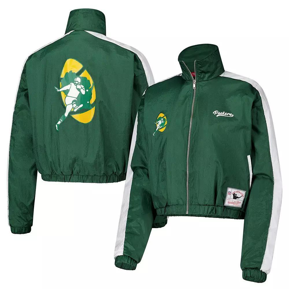 Women's Mitchell & Ness Green Green Bay Packers Nylon Cropped Full-Zip Jacket, Size: 2XL Product Image