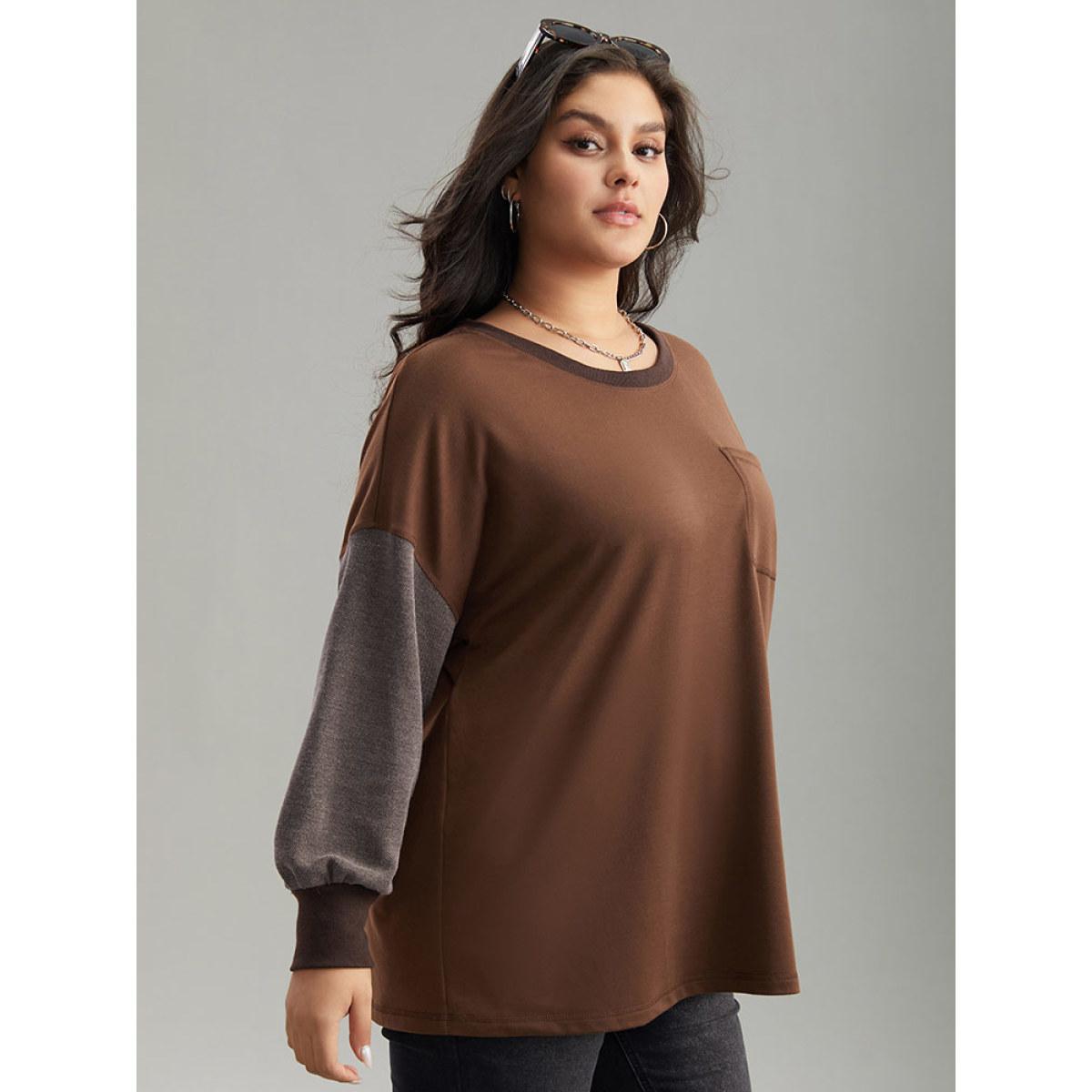 Plus Size Two Tone Patched Pocket Drop Shoulder Sweatshirt Women DarkBrown Casual Elastic cuffs Round Neck Everyday Sweatshirts BloomChic 22-24/3X Product Image