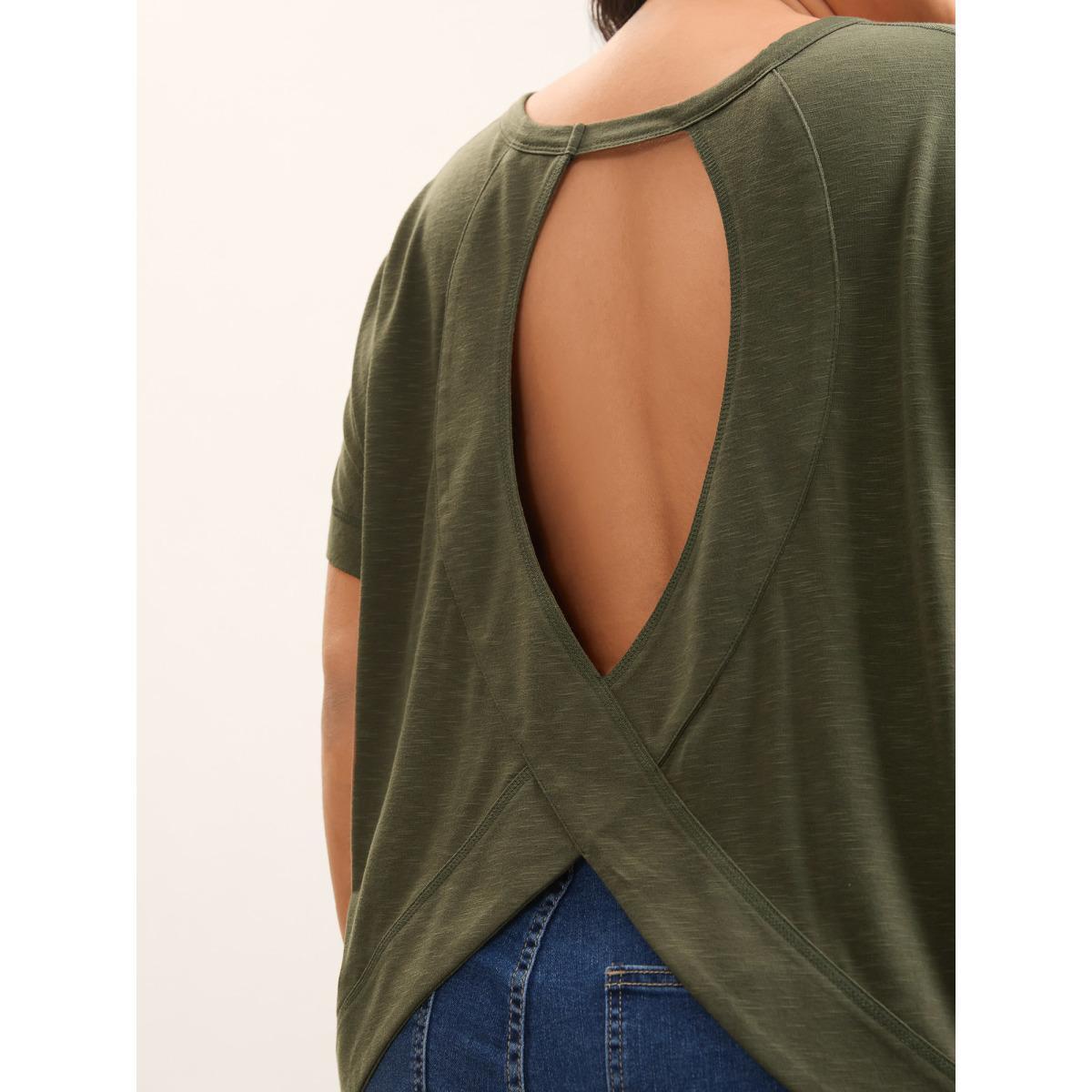 Plus Size Backless Plain Flowy T-Shirt ArmyGreen Women Overlapping Round Neck Everyday-Casual T-shirts BloomChic 22-24/3X Product Image
