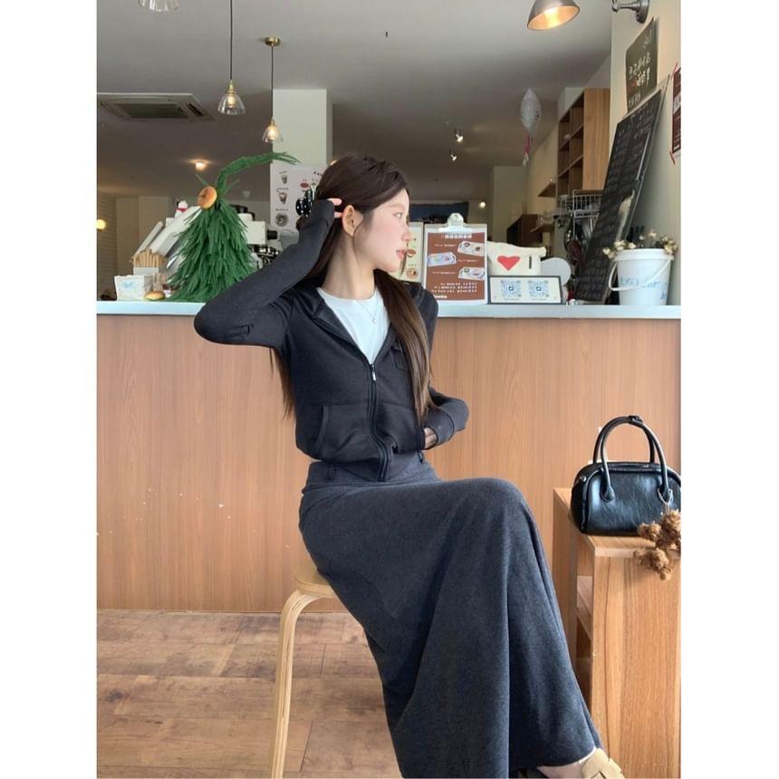 Hooded Plain Zip-Up Jacket / High Rise Maxi A-Line Skirt Product Image